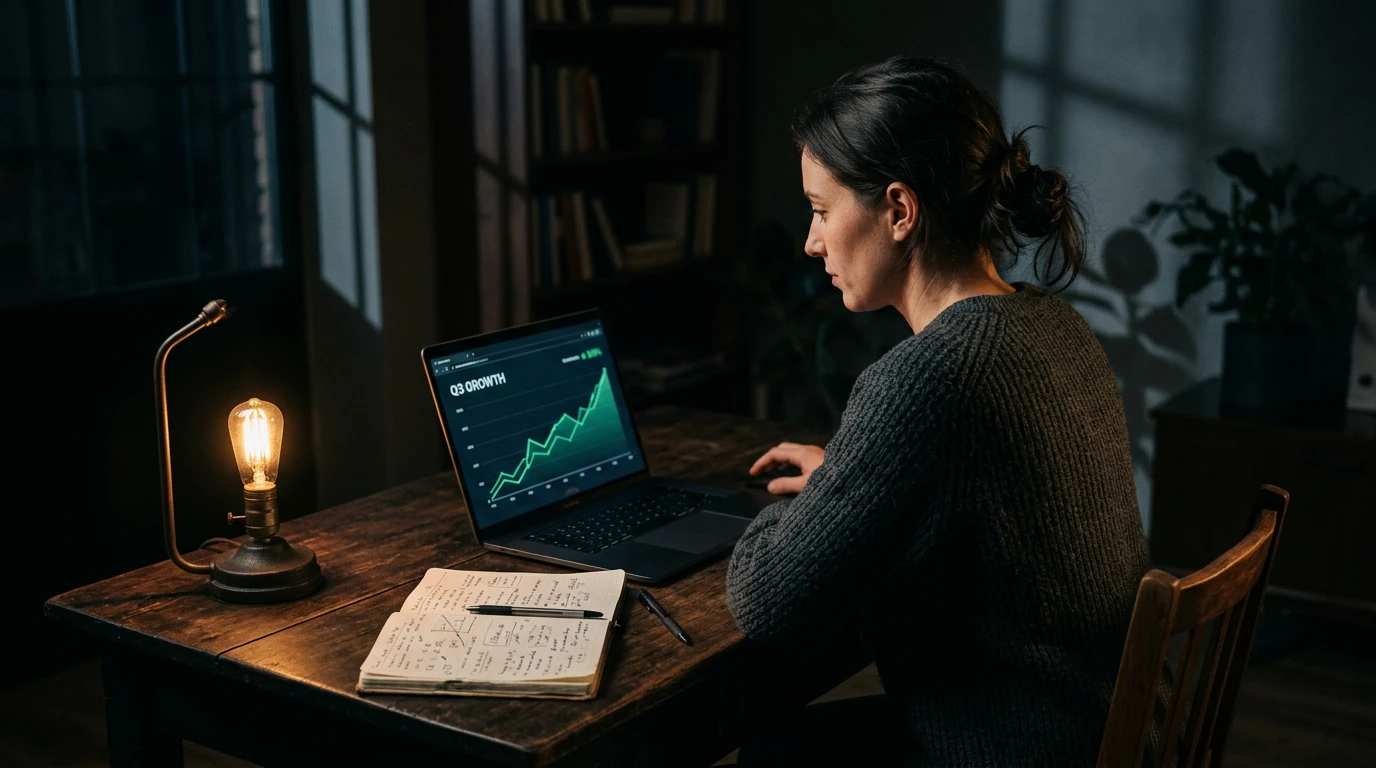 Person analyserer odds og statistik på en laptop ved et skrivebord med notesblok