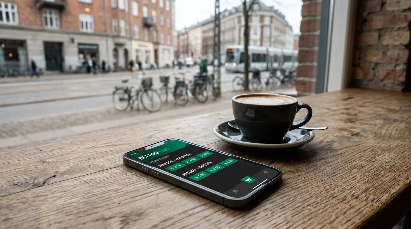 Mobiltelefon med sportsbetting-app foran et dansk fodboldstadion