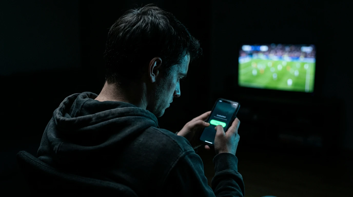 Nærbillede af hænder der holder en telefon med en bettingapp under en sportsbegivenhed